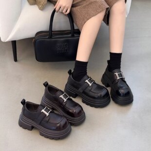 真皮英伦风厚底圆头乐福鞋 OL6C032 魔术贴一脚蹬百搭增高松糕鞋