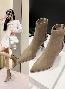 新款尖头细跟单里高级感气质名媛高端舒适日常百搭女款短靴88120