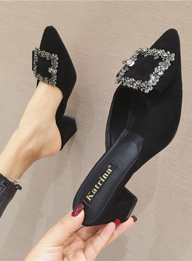 .2026新款奢华水钻尖头半拖鞋女外穿懒人鞋韩版包头高跟试衣鞋
