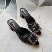 网红高跟试衣鞋 .2026新款 韩版 女外穿懒人鞋 奢华水钻尖头半拖鞋