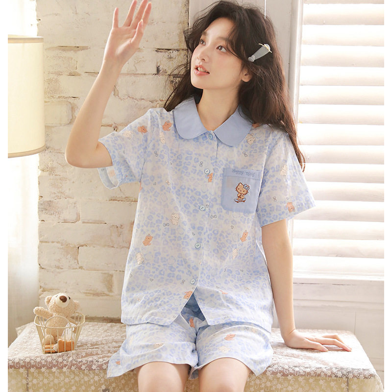 夏季新款棉纱女士卡通印花甜美可爱少女风短袖短裤家居服套装55