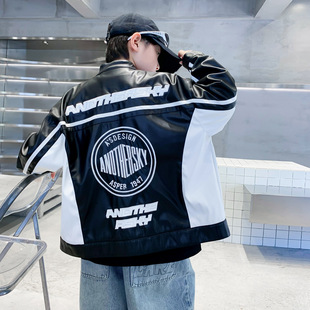 男童春季痞帅机车风运动皮衣外套2026新款青少年儿童撞色防水夹克