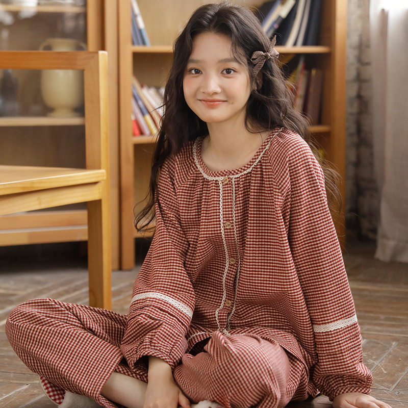 红色格子圆领秋冬季女士长款开衫可外穿家居服套装长裤长袖睡衣69