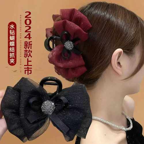 红色新年发饰网纱泡泡蝴蝶色浪漫温柔原创设计款抓夹8cm发夹头饰