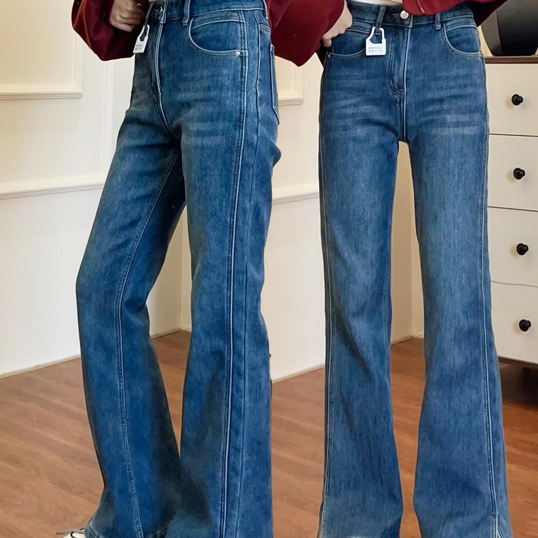 开叉牛仔裤微喇女弹力修身百搭微胖MM大码2024冬季新款喇叭马蹄裤