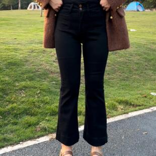 秋冬季加绒加厚黑色微喇马蹄牛仔裤女大码胖MM显瘦弹力高腰喇叭裤