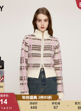 SLY 春季奶油复古彩色条纹拉链针织开衫女030HAY70-3501