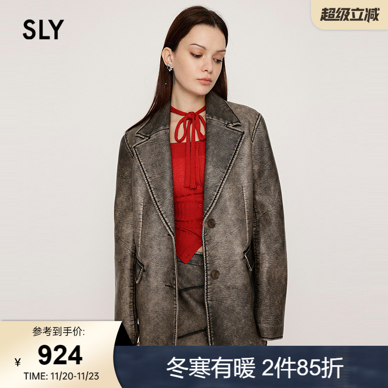 SLY 2025外夏季新品港风做旧擦色PU皮廓形西装外套030ISZ30-0241