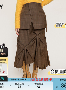 SLY 春季新品复古港风不规则褶皱假两件半身裙030HAZ31-3711