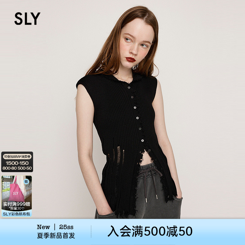 SLY2025夏季新品小翻领破洞毛边修身针织短袖开衫女030IAZ70-0151