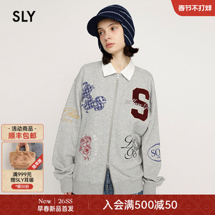 SLY 2026早春新品慵懒复古风刺绣双拉链卫衣外套女030JSZ90-0701