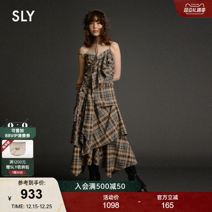 SLY2025早秋新品甜辣复古格纹不规则下摆吊带连衣裙030IAZ33-0341