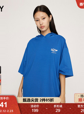 SLY 秋季新品休闲风OVERSIZE刺绣连帽短袖T恤女030HAI90-1041