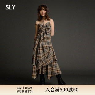甜辣復(fù)古格紋不規(guī)則下擺吊帶連衣裙030IAZ33 SLY2025早秋新品 0341