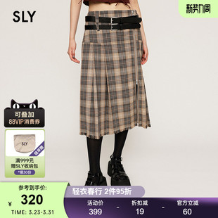 复古格纹双腰带百褶裙半身裙030HAZ31 新品 4371 24春季 SLY
