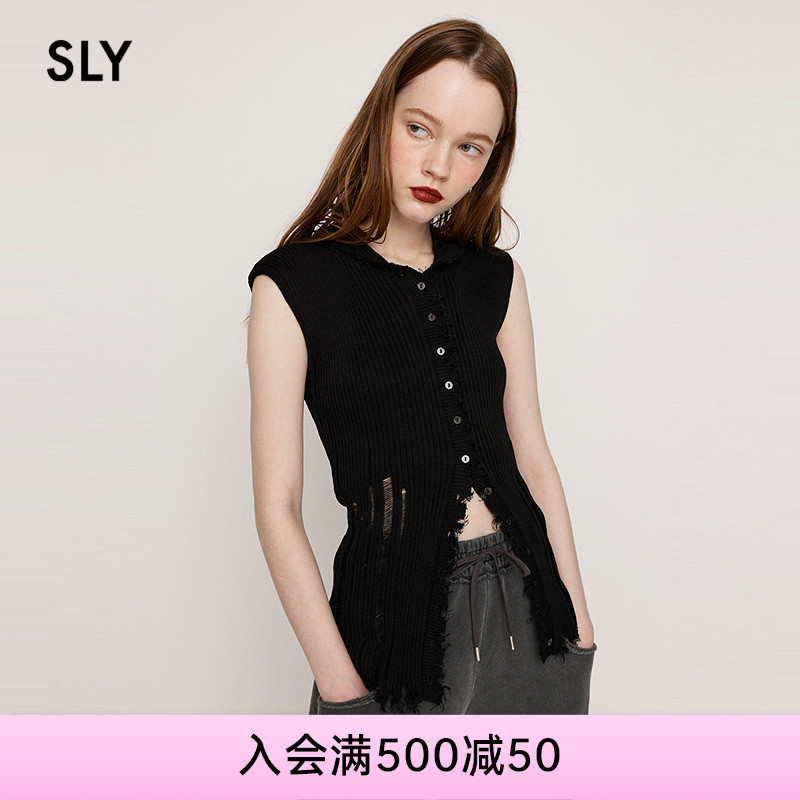 SLY2025夏季新品小翻领破洞毛边修身针织短袖开衫女030IAZ70-0151