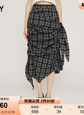 SLY 夏季新品复古港风褶皱扭结不规则半身裙女030ISZ31-3651