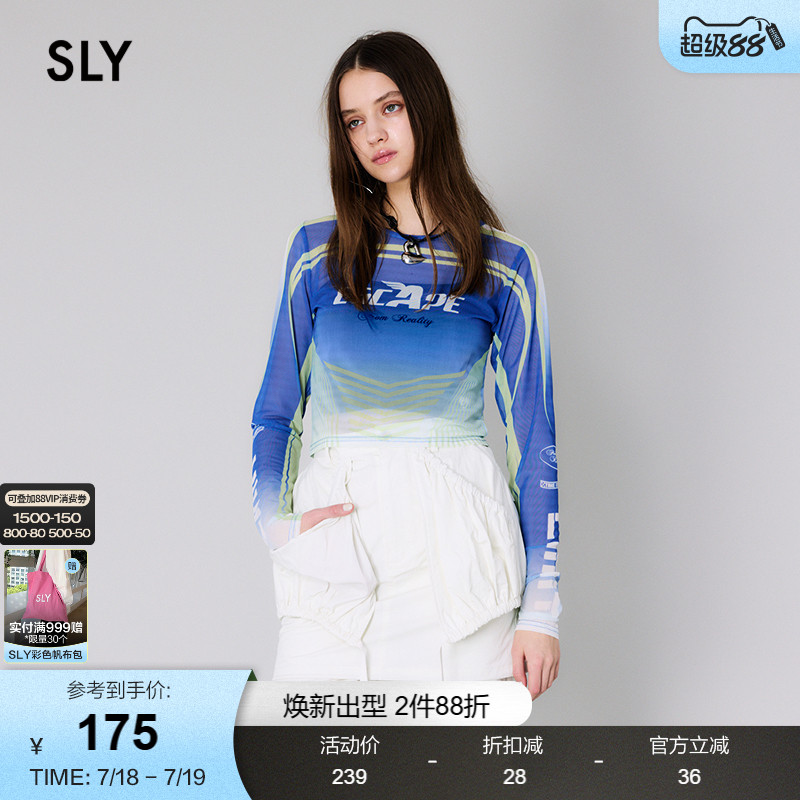 SLY渐变色图案Y2K玫瑰薄纱T恤
