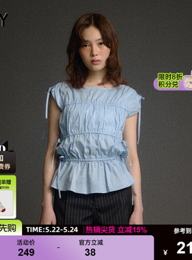 SLY早春新品甜美系带飞飞袖褶皱修身圆领衬衫女030ISZ30-4441
