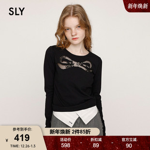 女030IAZ80 SLY2025秋季 针织衫 甜美温柔风蕾丝蝴蝶结长袖 2121 新品