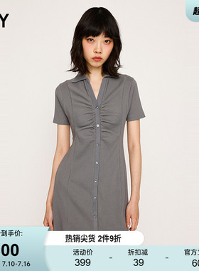 SLY夏季新品轻熟风褶皱V领知性通勤修身连衣裙030ISR83-4171