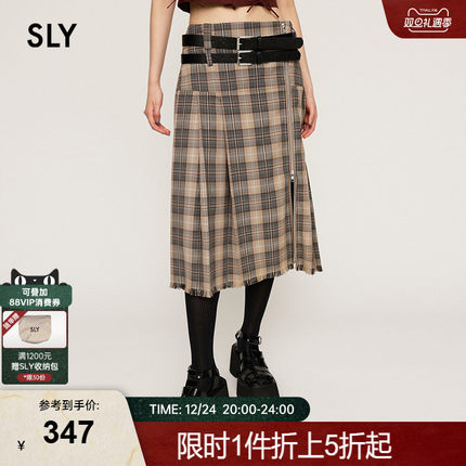 SLY 24冬季新品复古格纹双腰带百褶裙半身裙030HAZ31-4371