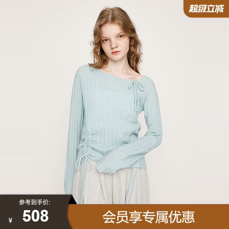 SLY2025秋季新品温柔知性系带斜肩抽褶修身毛针织衫030IAZ70-3201