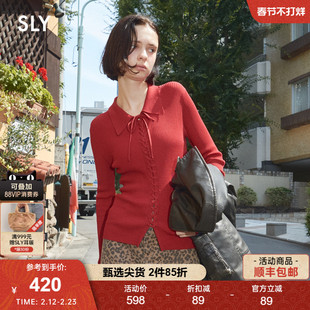SLY 秋季新品通勤风系带翻领修身长袖针织衫女030IAZ70-1451