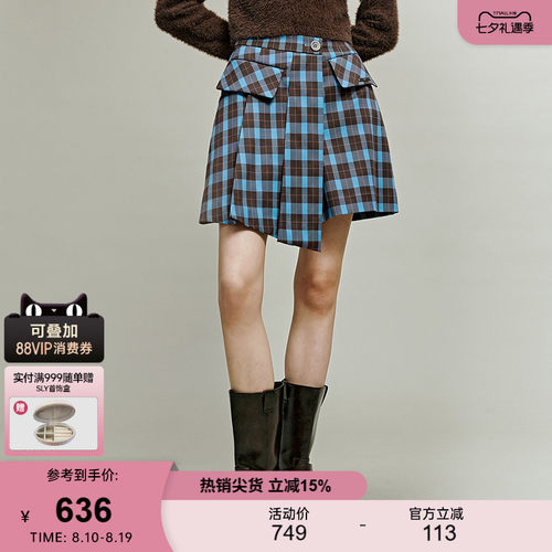 SLY 春季新品甜酷学院风不规则格纹撞色短裙女038IAA31-1005