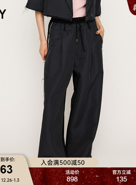 SLY 2025早秋新品通勤复古条纹拼接抽绳阔腿休闲裤030IAZ31-0871