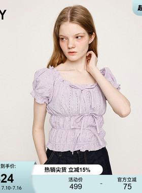 SLY 夏季新品甜美可爱风荷叶边短款一字肩衬衫030ISZ30-3441
