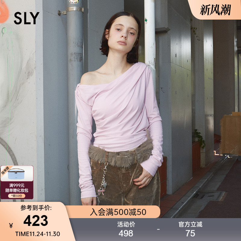 SLY2025秋季新品优雅知性风纯色斜肩长袖荡领针织衫030IAR80-2151