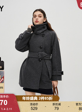 SLY 24冬季新品静奢风率性气质立领收腰毛呢外套030HAA30-2681