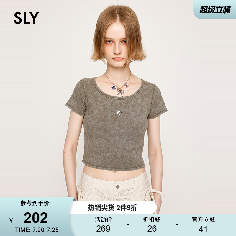 SLY 夏季新品复古金属标小巧短款圆领短袖T恤女030ISR80-3311