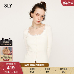 SLY2025秋季新品淑女风蕾丝边圆领修身长袖针织衫女030IAZ70-1411