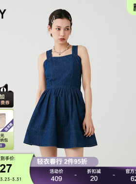 SLY 春季新品复古丹宁港风捏褶牛仔吊带连衣裙038HSL13-0091
