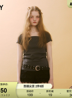 SLY 夏季新品简约修身通勤纯色方领短袖T恤女030ISR80-3251