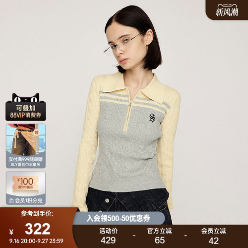 SLY 春季新品复古学院风撞色翻领半拉链针织衫030IAZ70-2751