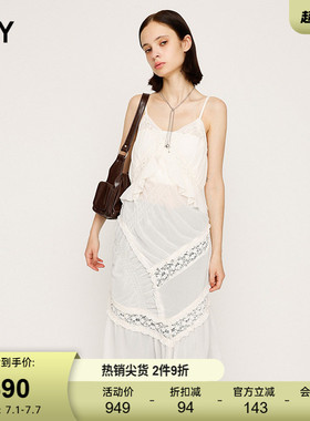 SLY春季新品优雅约会风蕾丝褶皱拼接吊带连衣裙030IAZ33-0851