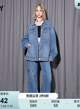 SLY 春季不对称口袋复古蓝色直筒牛仔裤女030HSY11-1040