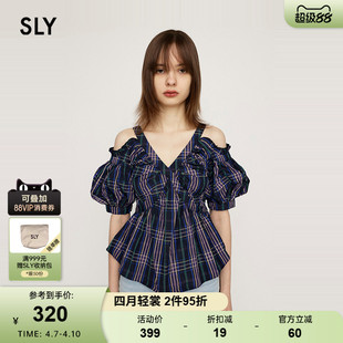衬衫 SLY 春季 复古格纹日系露肩V领泡泡袖 0091 女038HAZ30