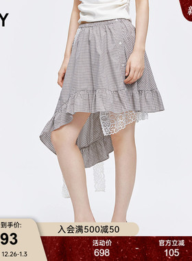 SLY2025早秋优雅复古格子蕾丝不规则荷叶边半裙038IAU31-0031