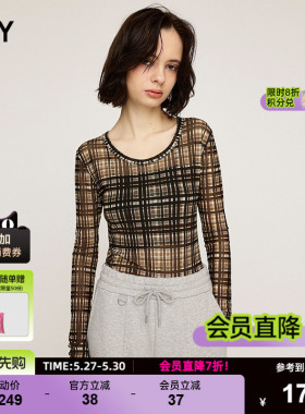 SLY 夏季新品复古港风马赛克撞色格纹微透上衣030ISA90-3121
