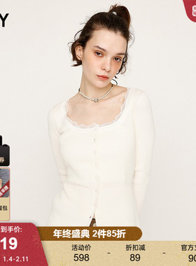 SLY2025秋季新品淑女风蕾丝边圆领修身长袖针织衫女030IAZ70-1411