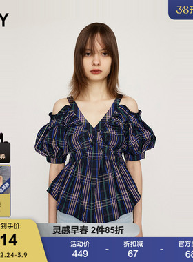 SLY 春季复古格纹日系露肩V领泡泡袖衬衫女038HAZ30-0091