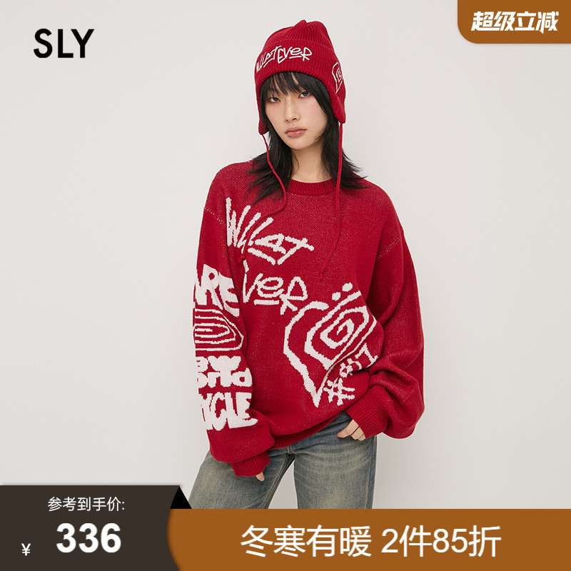 SLY 2024冬季新品街头涂鸦宽松毛衣针织衫女030HAA70-4221