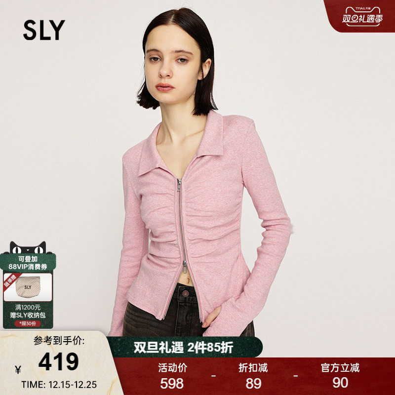 SLY2025秋季新品通勤风双头拉链褶皱修身长袖针织衫030IAR80-2161