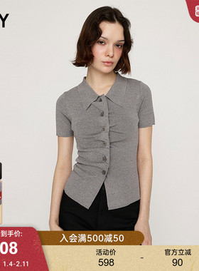 SLY2025早秋新品简约通勤风纯色翻领正肩短袖针织衫030IAR70-0431