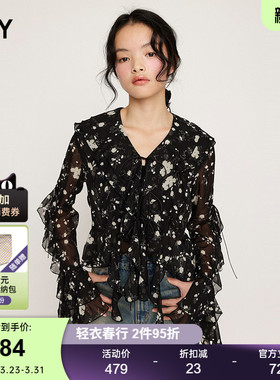 SLY 春季新品蝴蝶结荷叶边碎花雪纺长袖衬衫女030ISZ30-0931