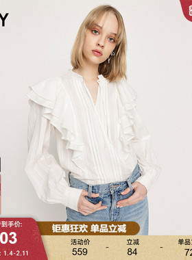 SLY 新品法式优雅浪漫系带荷叶边纯色通勤长袖衬衫038ISL30-0011